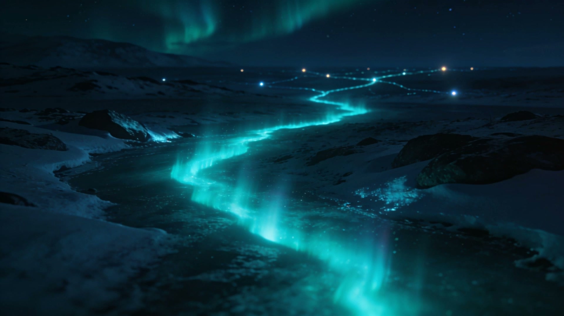 Aurora-Bänder verbinden leuchtende Knoten über einer nächtlichen Landschaft zu einem Netz